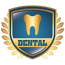 Shield emblem with a golden tooth icon above the word 'DENTAL' and decorative golden laurel leaves.